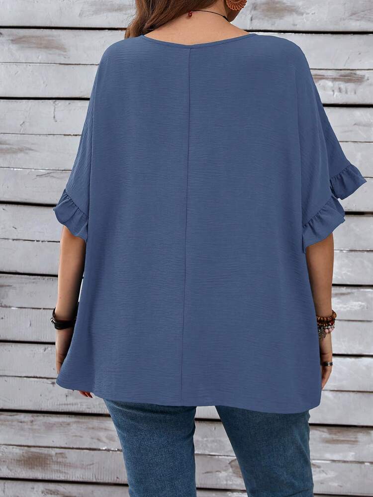 Plus Size Women's Vacation Casual Dark Blue Mom Shirts With Ruffled Sleeves For Summer