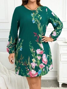SHEIN LUNE 大码花卉印花宽松舒适圆领长袖连衣裙秋季女装 - 墨綠色 - 查看 4