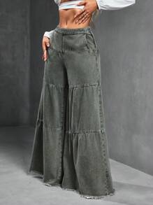 SHEIN SXY Women's Loose Boyfriend Style Distressed Hem Patchwork Denim Jeans