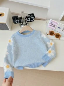 SHEIN Leap Crew Young Girl Flower Pattern Round Neck Loose Casual Sweater - Blue - View 6