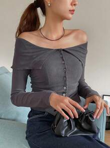 DAZY Women's Solid Color Off-Shoulder Buttoned Collared T-Shirt, Casual Daily Wear