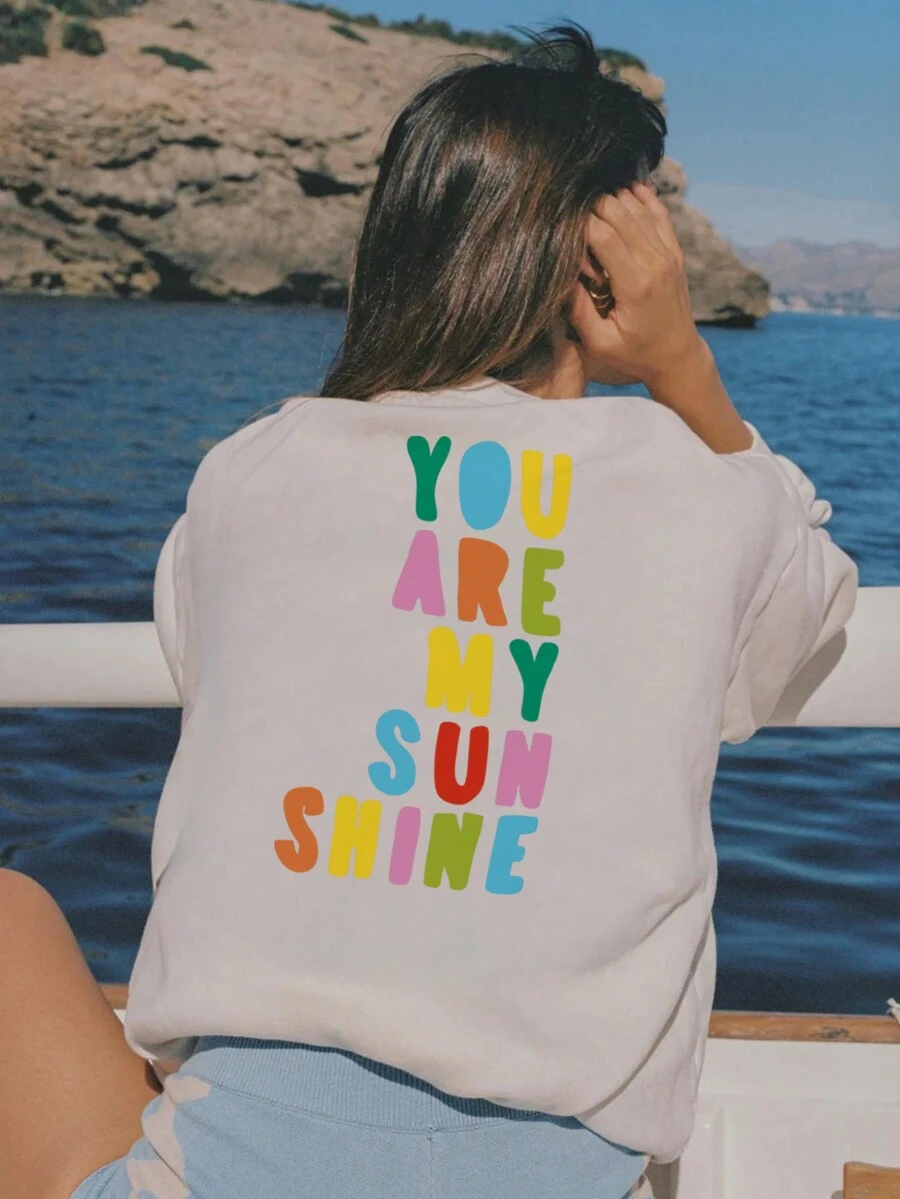 Women's Spring/Summer Round Neck Long Sleeve Casual Loose T-Shirt With Slogan Print - White - View 1