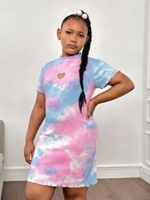 SHEIN Tween Girls Extended Size Basic Casual Tie-Dye Round Neck Embroidered Fitted Short Sleeve Dress