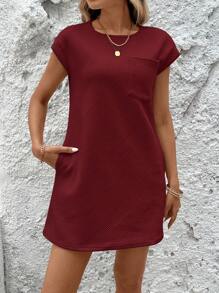 SHEIN LUNE 夏季圆领短袖口袋插入纹理面料休闲度假连衣裙 - 紅色 - 查看 4