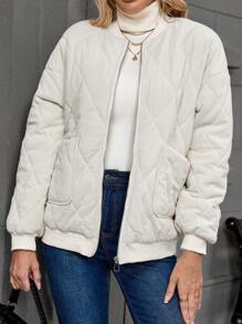 SHEIN LUNE Women Casual Solid Color Diamond Check Padded Coat, Autumn/Winter - Apricot - View 3