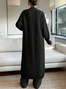 EURMUSE 女士毛衣2件套裝：純色長款開襟針織衫和舒適休閒寬鬆長褲，長袖 - 黑色 - 查看 2