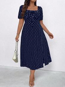 SHEIN Clasi 大码方领前系带短袖全身印花休闲连衣裙