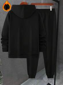 Manfinity Homme Hooded Sweatshirt And Pants Set, Men 2 Pieces Sweatsuit, Men Hoodie And Jogger Set, Men Black 2 Pieces Outfit, Men Matching Set, Fall Clothes - Black - View 2