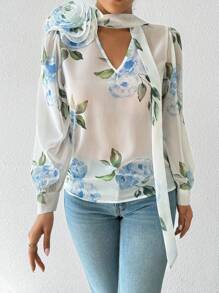 SHEIN Clasi Women's Elegant 3D Floral Decor Choker Collar Long Sleeve Blouse Fall Cloth For Women - White - View 7