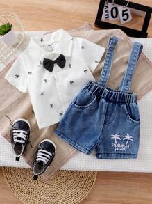 Summer New Baby Boy Gentleman Short Sleeve Shirt And Cool Denim Shorts Set - Blue and White - View 7