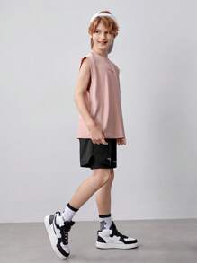 SHEIN Tween Boy Knitted Solid Color Letter Print Vest And Anti-Walk Shorts Sports Set - Multicolor - View 7