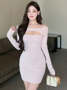 DAZY 粉色格子露肩镂空长袖连衣裙，适合派对、情人节、秋季女装