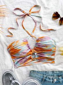 Soleia 女士秋季假期、毕业季、返校季沙滩装返校服秋装度假装娃娃装上衣时尚休闲甜美可爱水彩扎染花朵印花褶皱材质露背露背短款背心