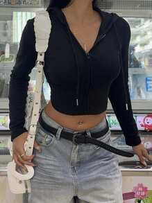 SHEIN EZwear 女式休闲简约修身拉链连帽运动衫，适合秋冬季，长袖上衣 - 黑色 - 查看 7