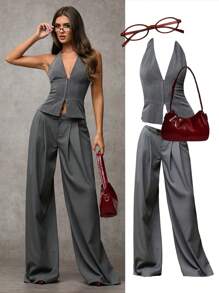 SHEIN BAE Women V-Neck Tied Neck Solid Color Casual Blazer Jacket Striped Suit Top Office Siren Old Money Style Teacher Outfits Fall Wear - Grey - View 6
