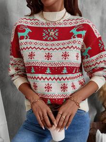 Chiquease Christmas Elk Pattern Long Sleeve Color Block Sweater, Casual Daily Wear - Multicolor - View 3