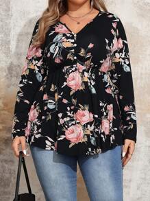 EMERY ROSE 大码女式黑色花卉印花 V 领长袖休闲秋装 T 恤 - 黑色 - 查看 3