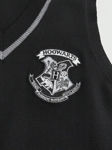 Harry Potter | ROMWE 女式刺绣学院风 V 领拼色条纹腰部褶皱迷你毛衣连衣裙 - 黑色 - 查看 3