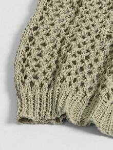 大码女式优雅休闲简约V领镂空纯色针织长袖套头衫，秋冬款 - 橄欖綠 - 查看 2