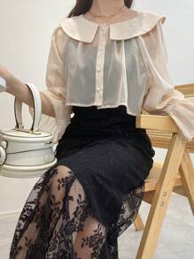 FRIFUL 2pcs Women's Plain Peter Pan Collar Sheer Long Sleeve Top & Lace Trim Slip Dress Set,Ruffle - Black - View 2