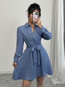 Almamuse Robe mi-longue élégante pour femmes avec manches longues, taille froncée à cordon de serrage et boutons devant - Bleu azur - Voir 6