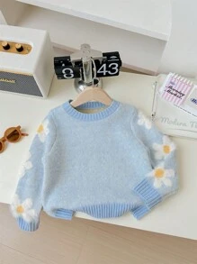 SHEIN Leap Crew Young Girl Flower Pattern Round Neck Loose Casual Sweater - Blue - View 1