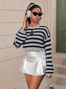 SHEIN Explorewe Teen Girl Star & Stripe Pattern Round Neck Dropped Shoulder Long Sleeve Cropped Casual Sweater, Spring & Autumn - Grey - View 5