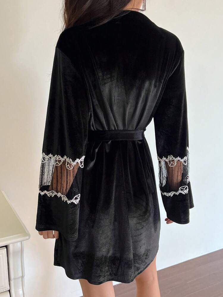 Women's Velvet & Mesh Contrast Long Sleeve Elegant Sleepwear Robe,Back To School, Fall Pajama, Winter