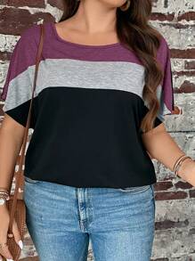 SHEIN LUNE Plus Size Contrast Color Crew Neck Casual Short Sleeve T-Shirt, Fall Women Tops Purple, For Summer - Purple - View 4