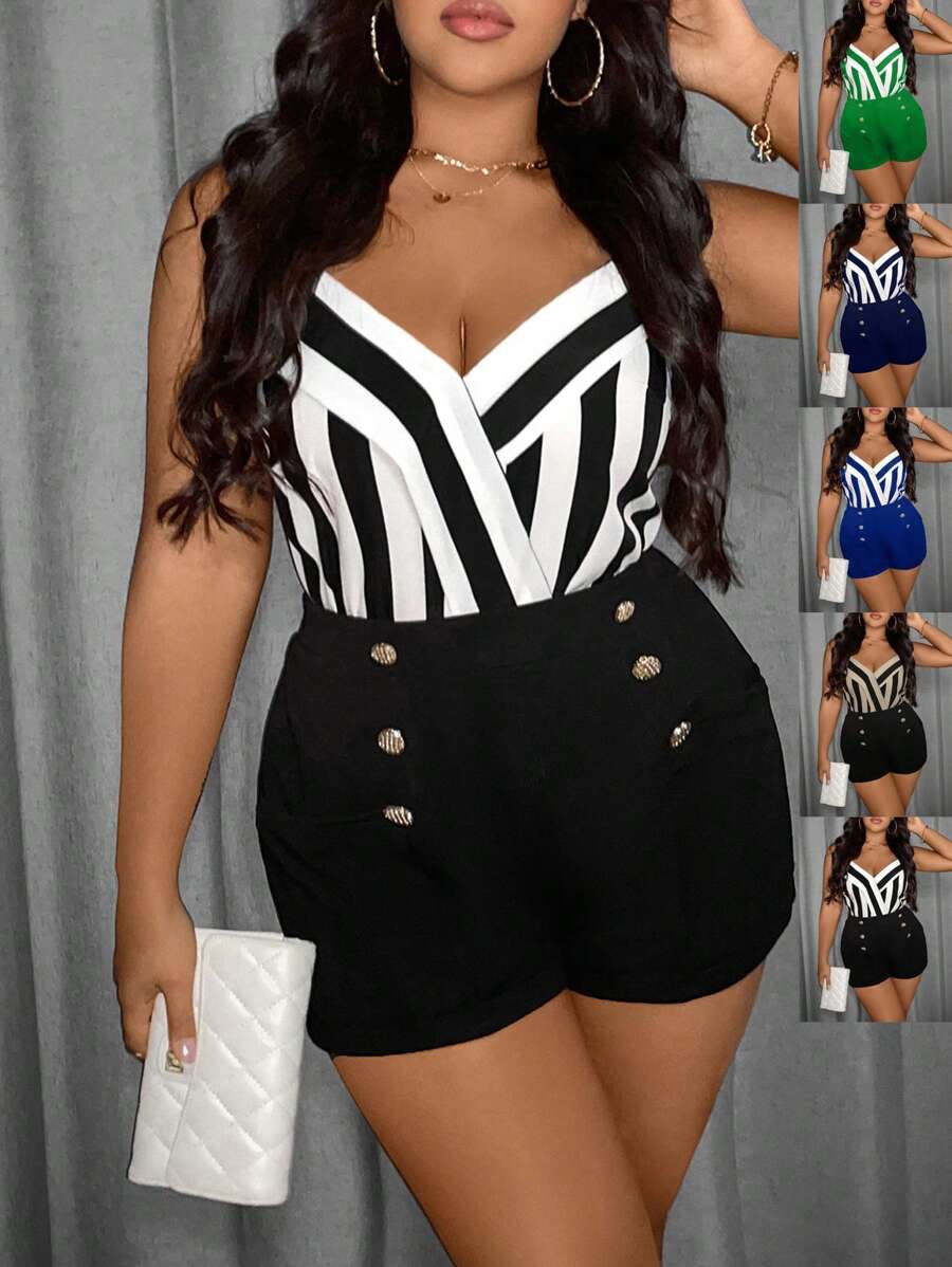 Maweii 加大碼條紋拼接背心和短褲套裝 - 黑與白 - 查看 1