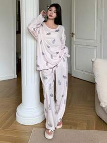DAZY 长袖兔子印花上衣和裤子睡衣套装，秋冬服装 - 米色 - 查看 7