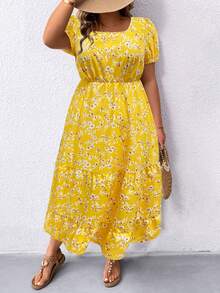SHEIN LUNE 大码休闲花卉泡泡袖迷你连衣裙 - 黃色 - 查看 3