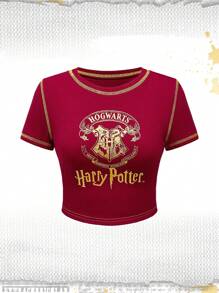 Harry Potter | ROMWE Áo thun croptop in chữ tương phản có huy hiệu động vật dành cho nữ, mùa hè, đi học - Màu Đỏ Sâu - Xem 1