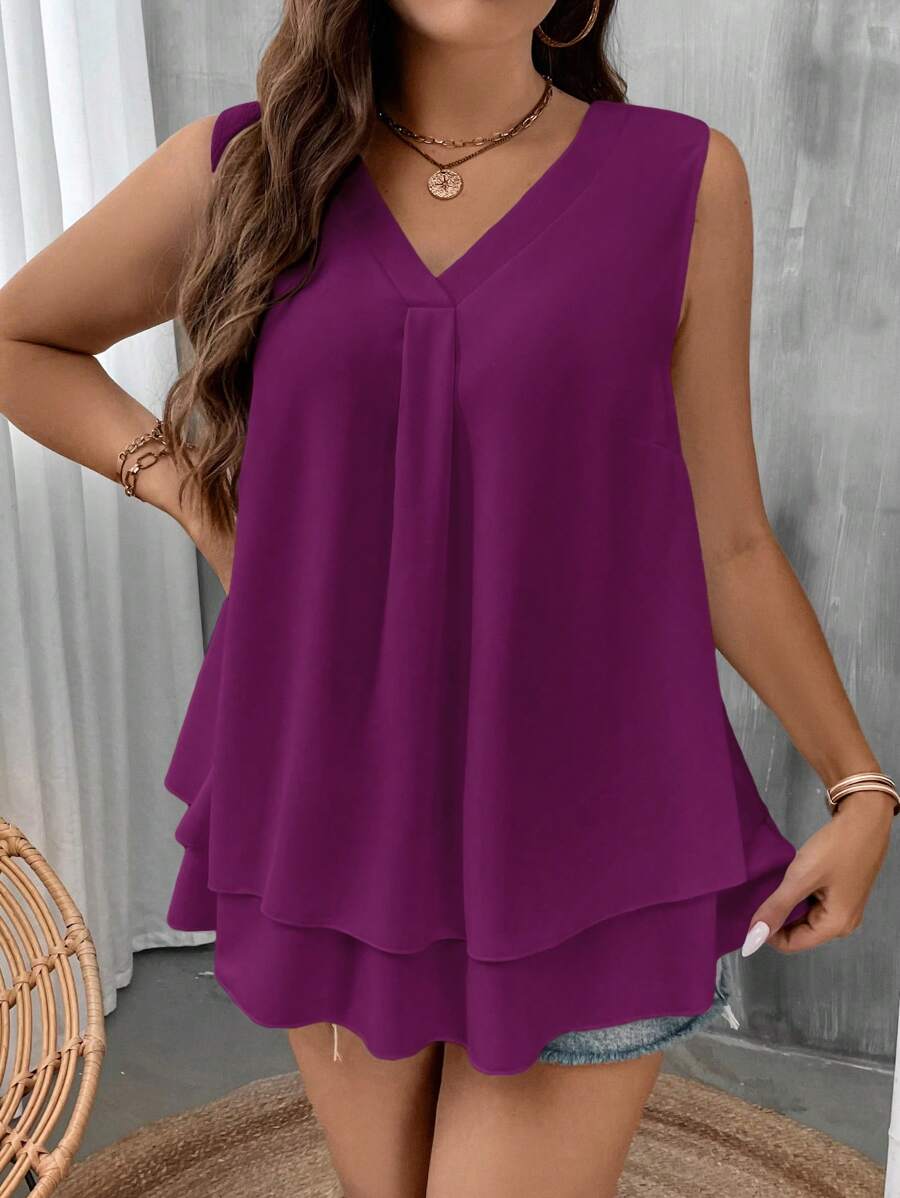 SHEIN LUNE Áo thun nữ cổ chữ V không tay màu trơn nhiều lớp thiết kế rộng rãi thoải mái màu tím mùa thu quần áo - Màu đỏ tím - Xem 1