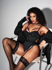 SHEIN Floral Lace Mesh Insert Garter Underwire Teddy Bodysuit & Stockings, Lingerie - Black - View 4