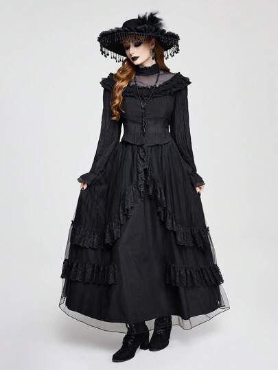Dark Gothic Style Ruffle Patchwork Puff Sleeve Breathable Blouse For Women