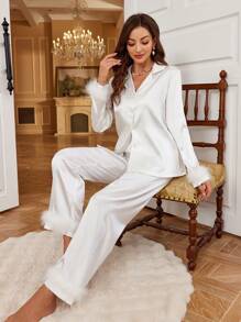两件套女士纯色睡衣套装，翻领单排扣长袖上衣和裤子，秋冬服装 - 白色 - 查看 4