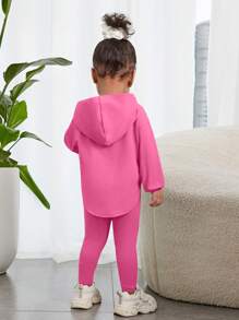 SHEIN 2 szt. Zestaw bluz i legginsów dla dziewczynki z wytłoczonym szaro-zielonym kapturem - Wyrazisty róż - Zobacz 2