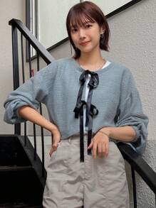 FRIFUL Áo cardigan nữ có thắt lưng thắt nơ - Xám - Xem 2