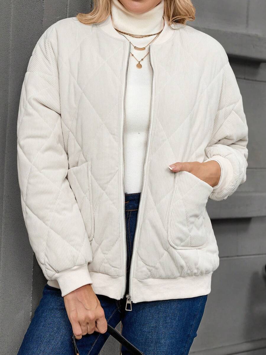 SHEIN LUNE Women Casual Solid Color Diamond Check Padded Coat, Autumn/Winter - Apricot - View 1