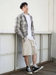 DAZY 秋季男士休闲格子口袋长袖衬衫 - 卡其色 - 查看 5