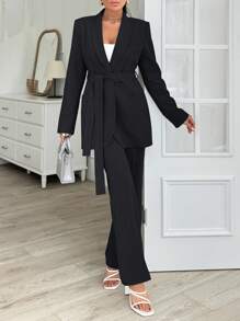 EURMUSE Grey Long Jacket And Straight Pant Two Pieces - Black - View 4