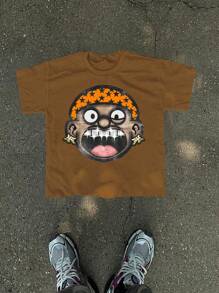 Manfinity EMRG Men's Casual Cartoon Character Printed Crew Neck Short Sleeve T-Shirt, Summer - Brown - View 1