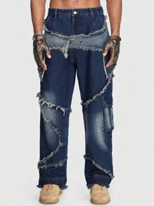 ROMWE MEN ROMWE Avant Men Raw Trim Flap Pocket Cargo Baggy Jeans