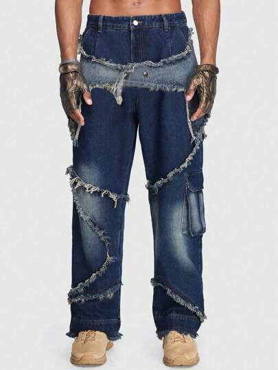 ROMWE Avant Jeans Para Hombres Con Bolsillos De Carga Con Solapa Y Un Corte Holgado Sin Acabado En Los Bordes