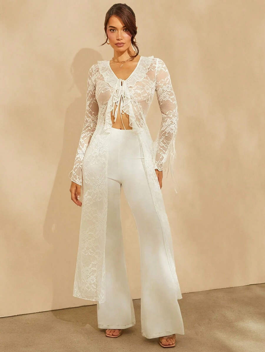 L'Amorae Lace Ruffle Tie Overlay Jumpsuit - White - View 1