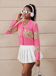 SHEIN Cárdigan de chifón con diseño de patchwork rosa recortado con un diseño de moda y vibrante para adolescentes. Los tonos rosas son suaves y dulces, complementando el diseño de patchwork de chifón para mostrar un encanto único. El estilo recortado es versátil - Rosa - Ver 3