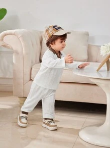 2pcs/Set Baby Boy Polo Collar Jacquard Long Sleeve Shirt And Pants Set, Casual Autumn Outfit