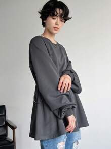 FRIFUL 女士灰色荷叶边下摆圆领T恤，秋装 - 灰色 - 查看 7