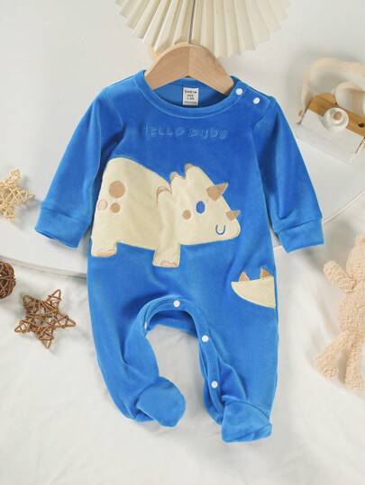 SHEIN Tutina pigiama in velluto a manica lunga con ricamo carino di rinoceronte per neonati e bambini maschi, colore blu semplice